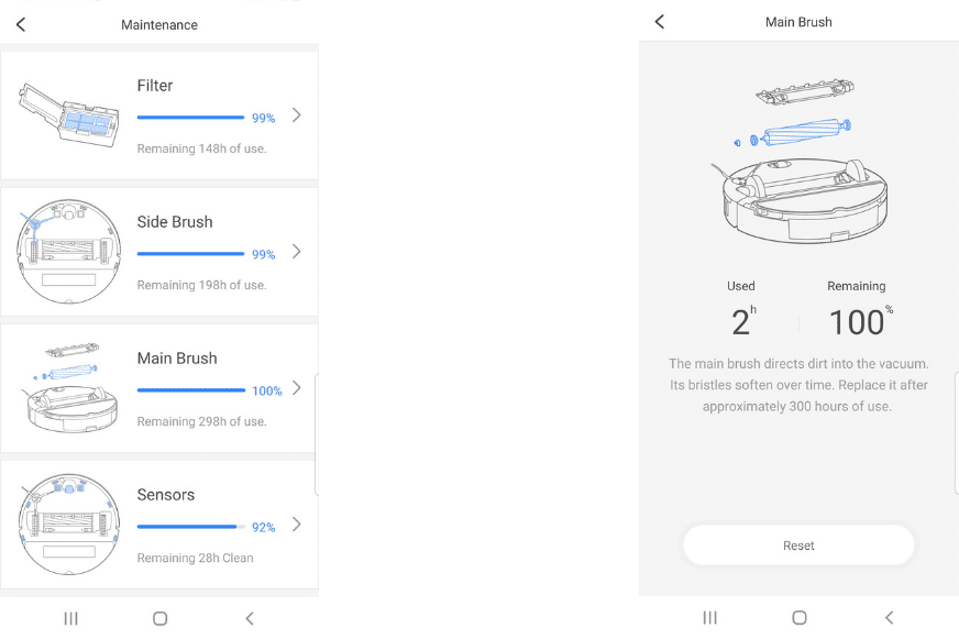 Информация о техническом обслуживании каждой запасной части отображается в приложении Roborock S7 App.